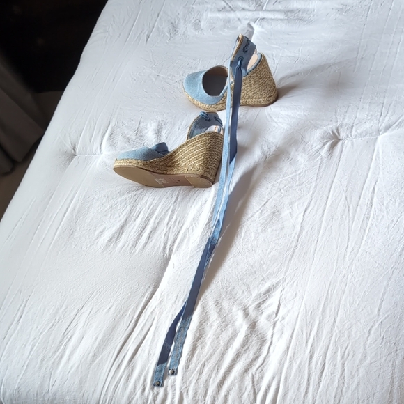 Stuart Weitzman Light Blue Denim Espadrille Wedge Sandals with Ankle Wraps - Picture 4 of 8